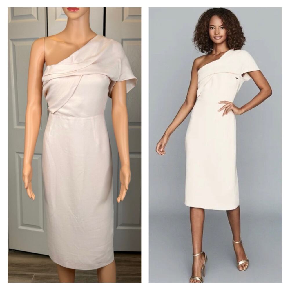 REISS Womens Riana One Shoulder Draped Midi Dress in Pink Cocktail Wedding 2 - Picture 2 of 12
